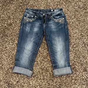 Miss Me Dark Blue Cropped Jeans with Embellished Pockets